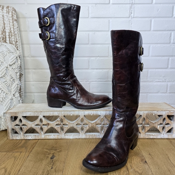 Born Shoes - Born Cherry Brown Heeled Knee High Riding Boots Size 8
